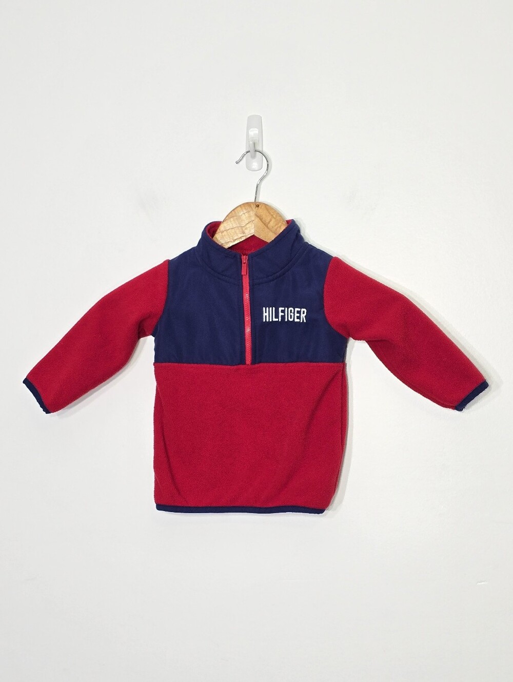 Tommy Hilfiger Baby Boy Red Blue Fleece 1/4 Zipper Pullover Sweater Sz 12 Months